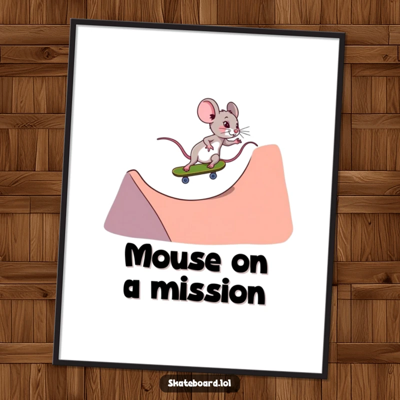 Free Printable Wall Art: A tiny, determined mouse speeding down a skateboard ramp, looking focused and ready for anything.