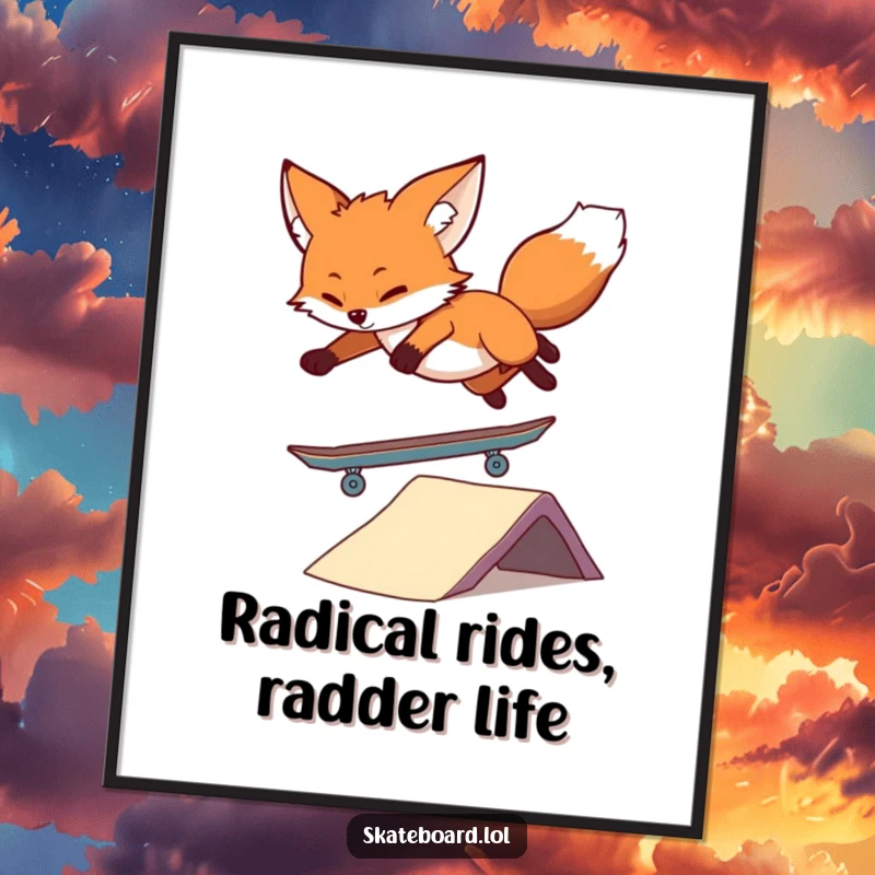 Funny Free Printable Wall Art: A playful fox expertly jumping a skateboard ramp, full of dynamic energy and humor.