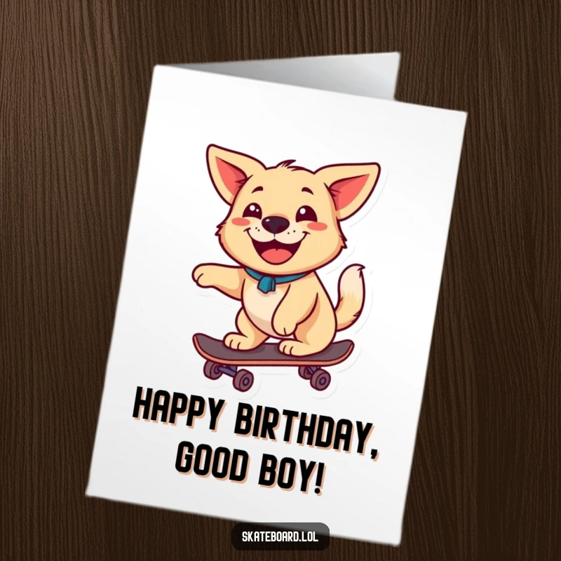 Funny Free Printable Birthday Card: Happy dog with wagging tail skateboarding with big grin, joyful birthday wish, downloadable art.