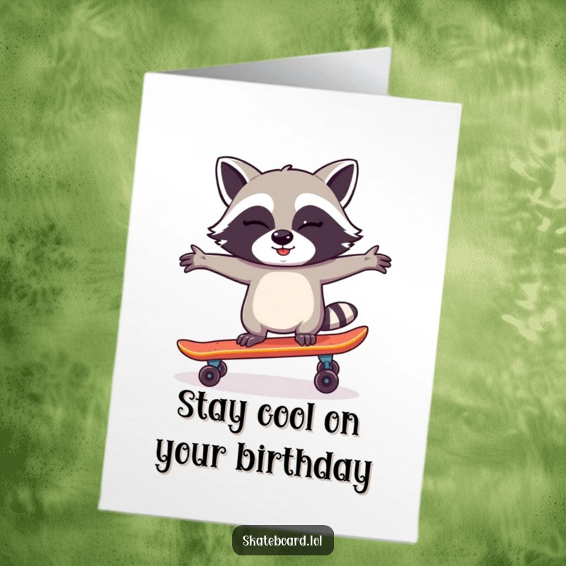 Funny Free Printable Birthday Card: A cool raccoon winks while balancing on a skateboard, arms out for balance.