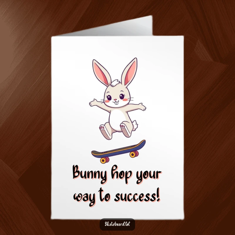 Funny Free Printable Congratulations Card: A cool bunny stylishly jumps on a skateboard, celebrating a remarkable and impressive achievement.