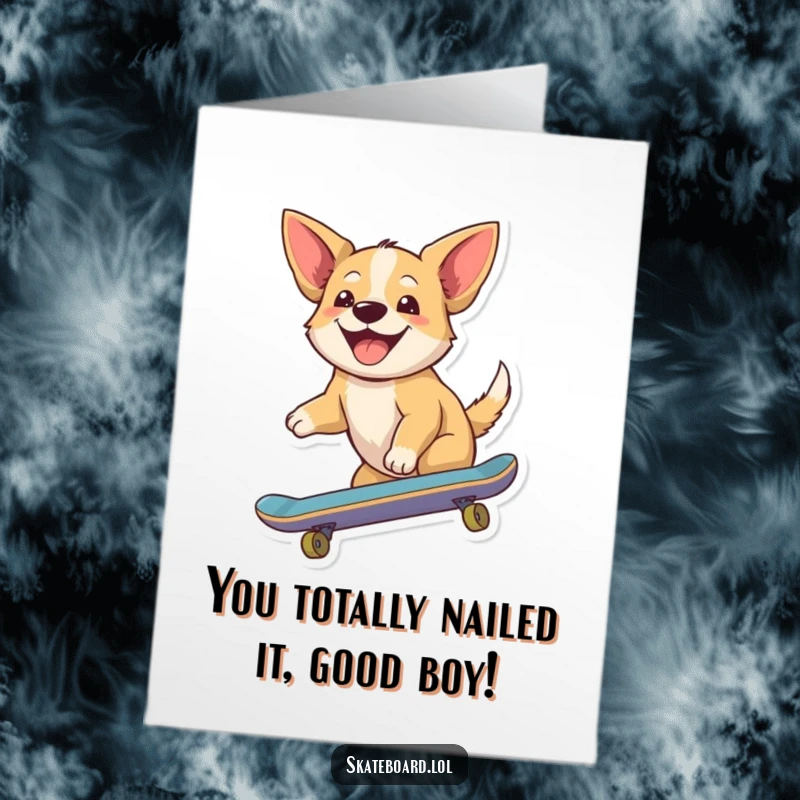 Funny Free Printable Congratulations Card: A joyful dog glides on a skateboard, ears flapping, celebrating a fantastic success.