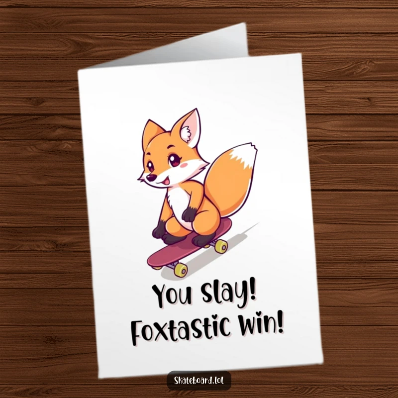 Funny Free Printable Congratulations Card: A playful fox speeds downhill on a skateboard, celebrating success.