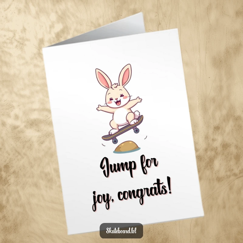 Funny Free Printable Congratulations Card: Happy bunny landing a skateboard ollie perfectly over a small obstacle, cheering with excitement.