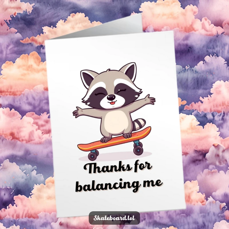 Funny Free Printable Thank You Card: A mischievous raccoon winks while balancing on a skateboard, showing thanks.