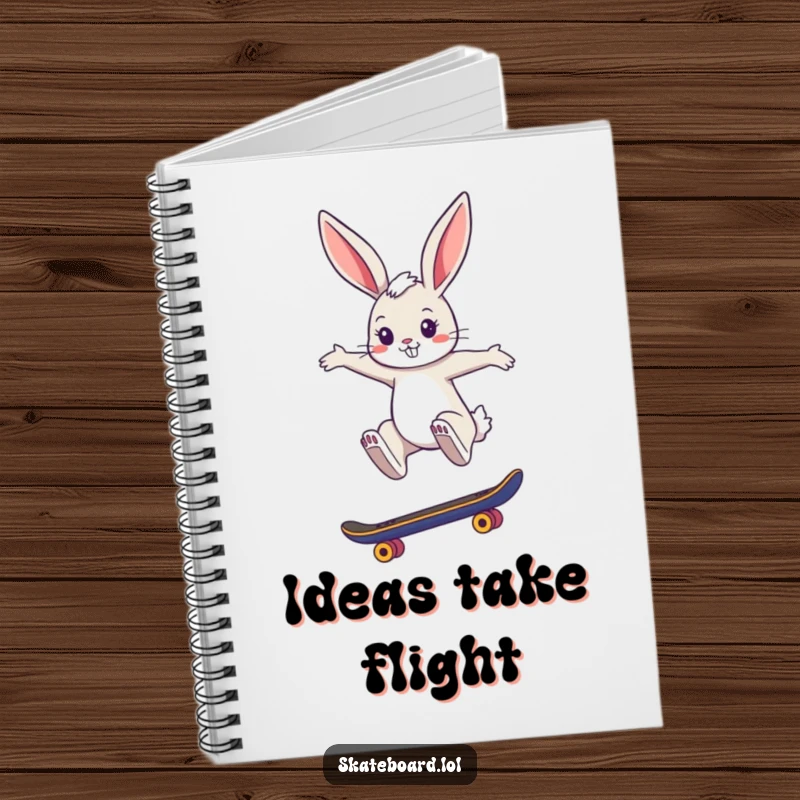 Funny notebook with a cool bunny performing a stylish skateboard jump, ideal for capturing ideas with chic, energetic flair.