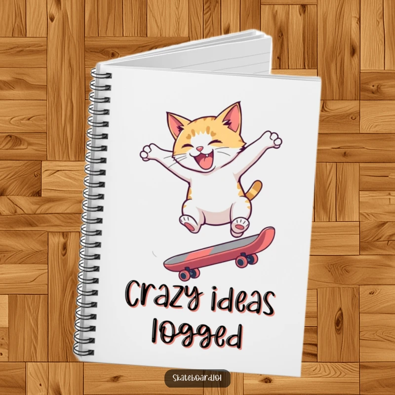 Funny notebook with a hyperactive cat performing a skateboard flip, ideal for capturing ideas with a burst of feline energy.