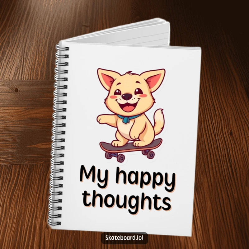 A happy dog with a wagging tail and a big grin rides a skateboard on this notebook, perfect for capturing joyful ideas.