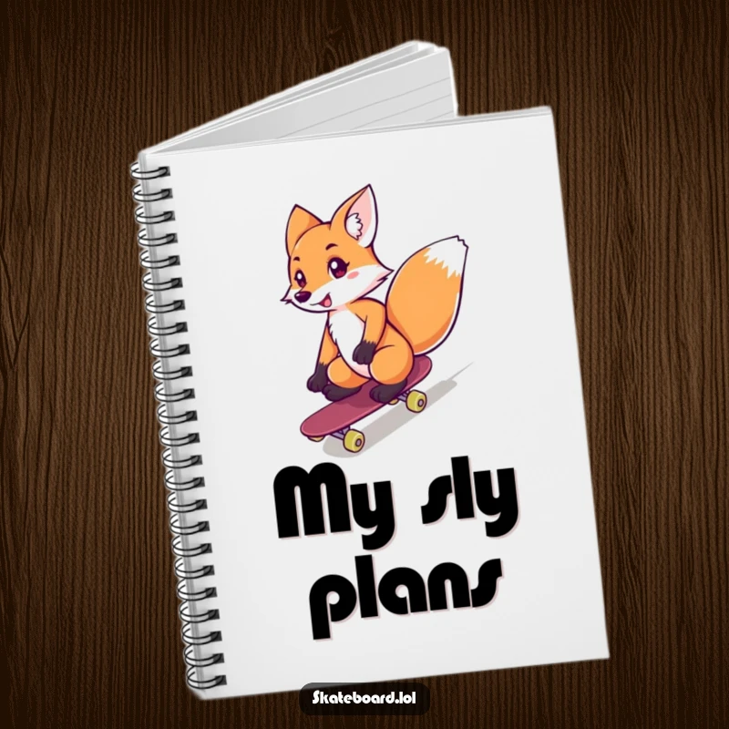Funny fox confidently skateboarding downhill, featured on a notebook cover, excellent funny gift.