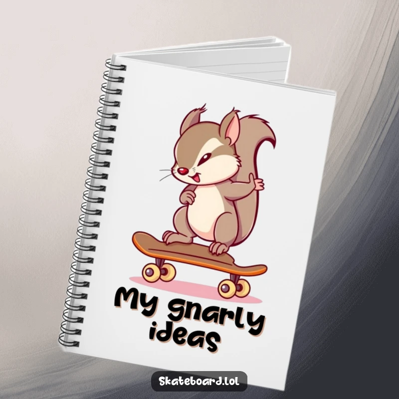 Funny squirrel showing intense focus while riding a skateboard, featured on a notebook, excellent funny gift.