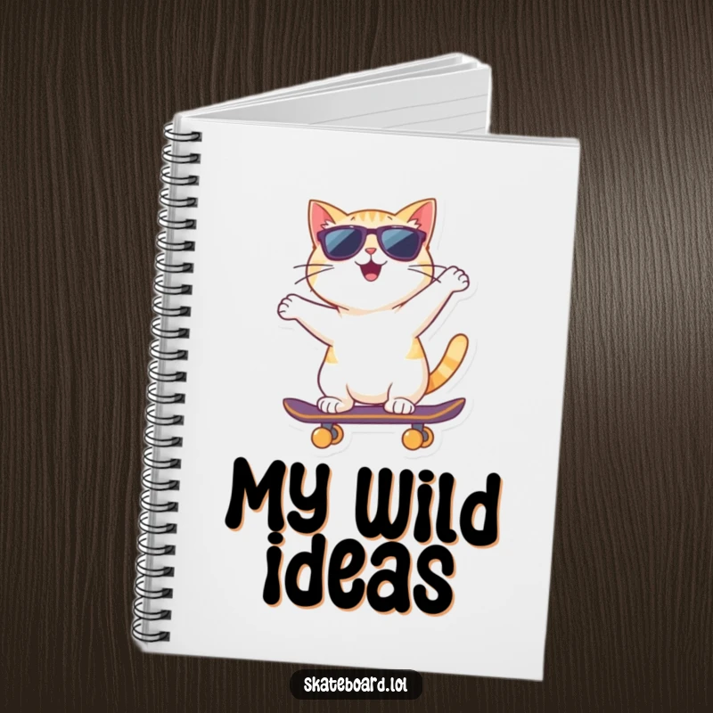 A funny cat wearing sunglasses rides a skateboard backward on this notebook, perfect for capturing cool ideas.