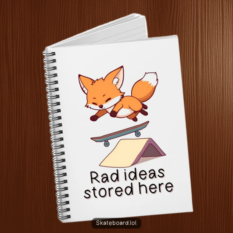 Funny Fox Skateboard Notebook designed with a playful fox performing a skateboard stunt, ideal for note-taking and creative journaling with a humorous touch.