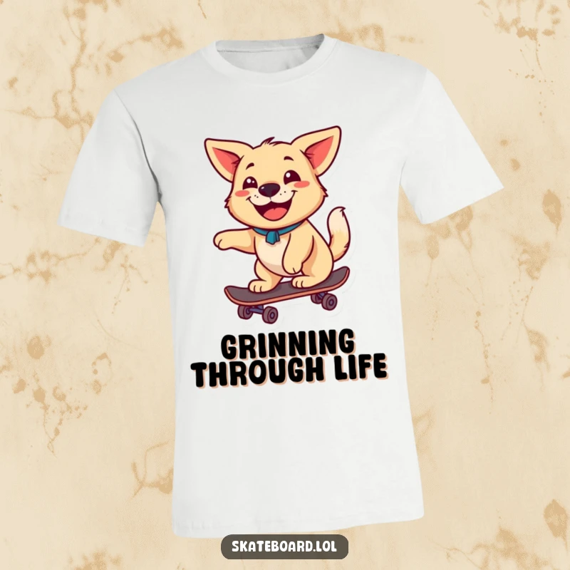 A happy dog with a wagging tail and a huge grin rides a skateboard forward on this t-shirt, radiating pure excitement.