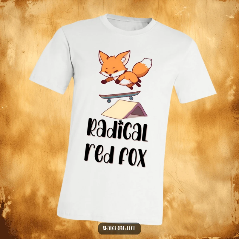 Funny Fox Skateboard T-Shirt showcasing a dynamic fox performing a skateboard trick, capturing movement and playful energy for a humorous look.