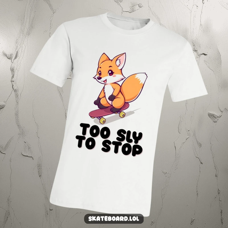 Funny fox with a confident grin, skateboarding downhill fast, printed on a cool t-shirt, excellent funny gift.