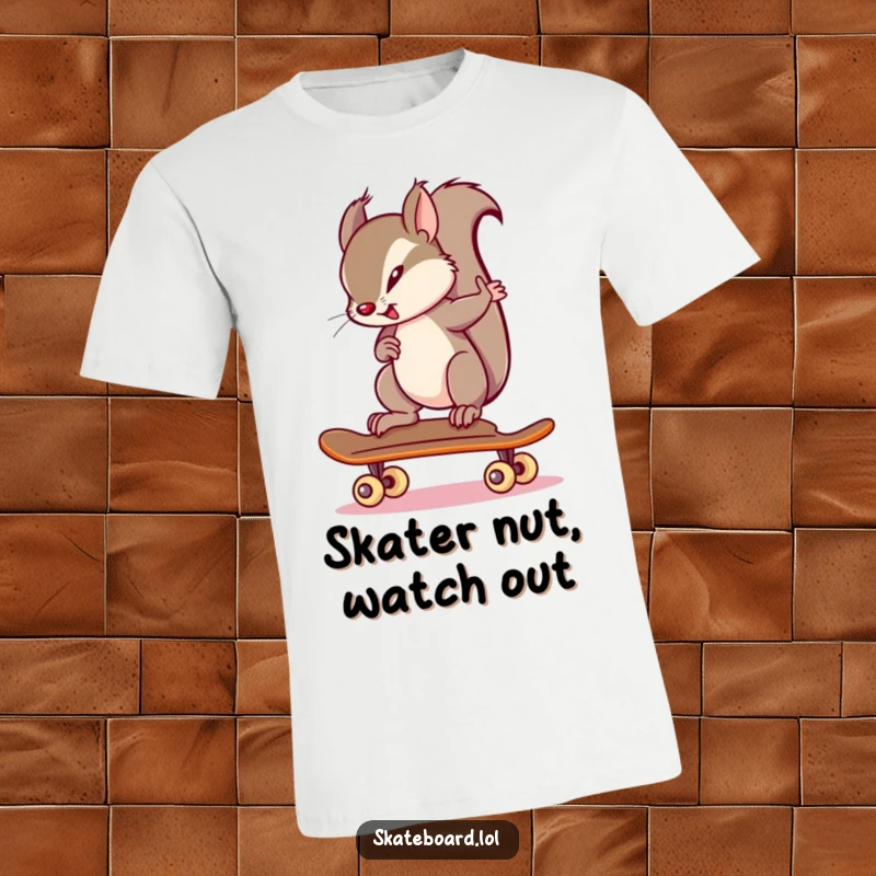 Funny squirrel intensely focused while balancing on a skateboard, printed on a comfortable tee, great funny gift idea.