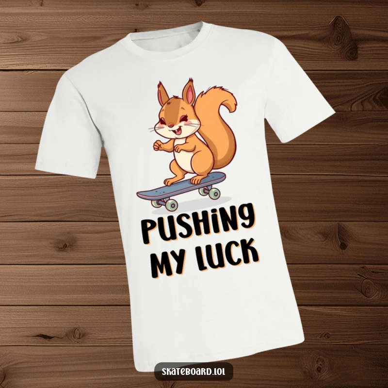 Funny cheerful squirrel t-shirt, pushing off with one foot on a skateboard, looking joyful, great gift.