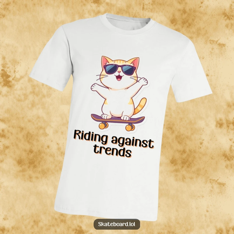 A cheerful cat in sunglasses confidently rides a skateboard backward on this t-shirt, exuding stylish swagger.