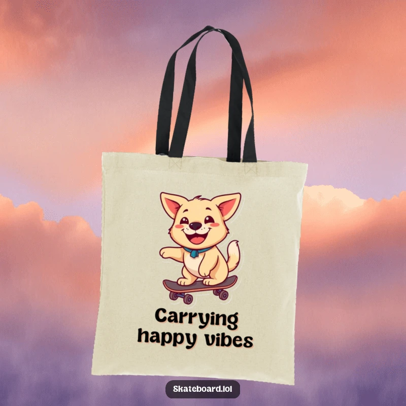 A happy dog with a wagging tail and a big grin rides a skateboard on this tote bag, symbolizing joyful movement.
