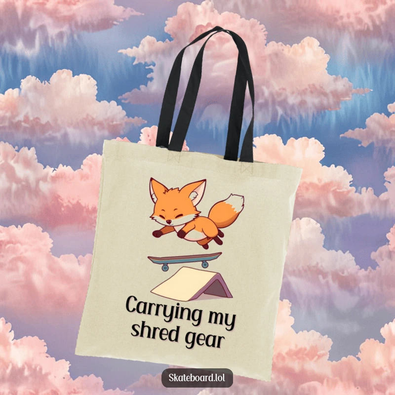 Funny Fox Skateboard Tote Bag illustrating an agile fox balancing on a skateboard, perfect for carrying daily items with a dose of playful fun.