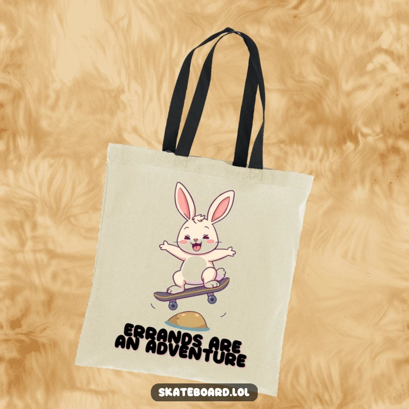 Funny happy bunny skateboarding tote bag, performing an ollie, great for carrying skate gear.