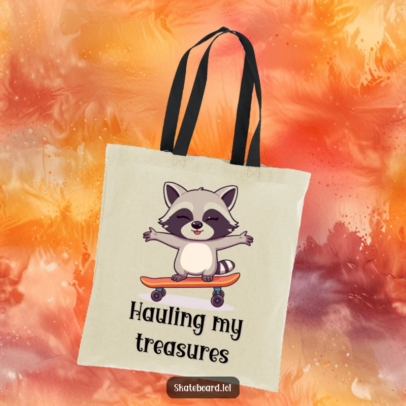 Funny Raccoon Skateboard Tote Bag showing a winking raccoon skillfully balancing on a skateboard, practical and humorous for daily use.
