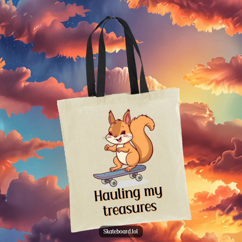 Funny cheerful squirrel skateboarding tote bag, pushing off with one foot, great for errands and fun.